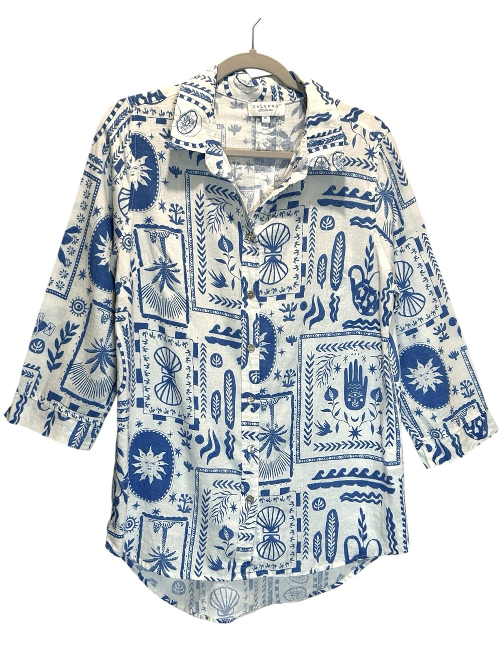 Calypso St. Barth White & Blue Linen Coastal Print Button-up Shirt - Extra Large